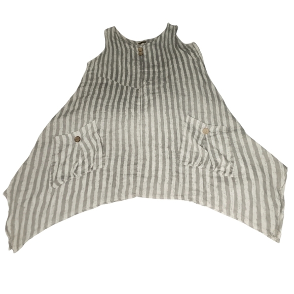 Linen Italy Tunic Dress Grey & White Stripe Bohemian Pockets - Picture 6 of 8